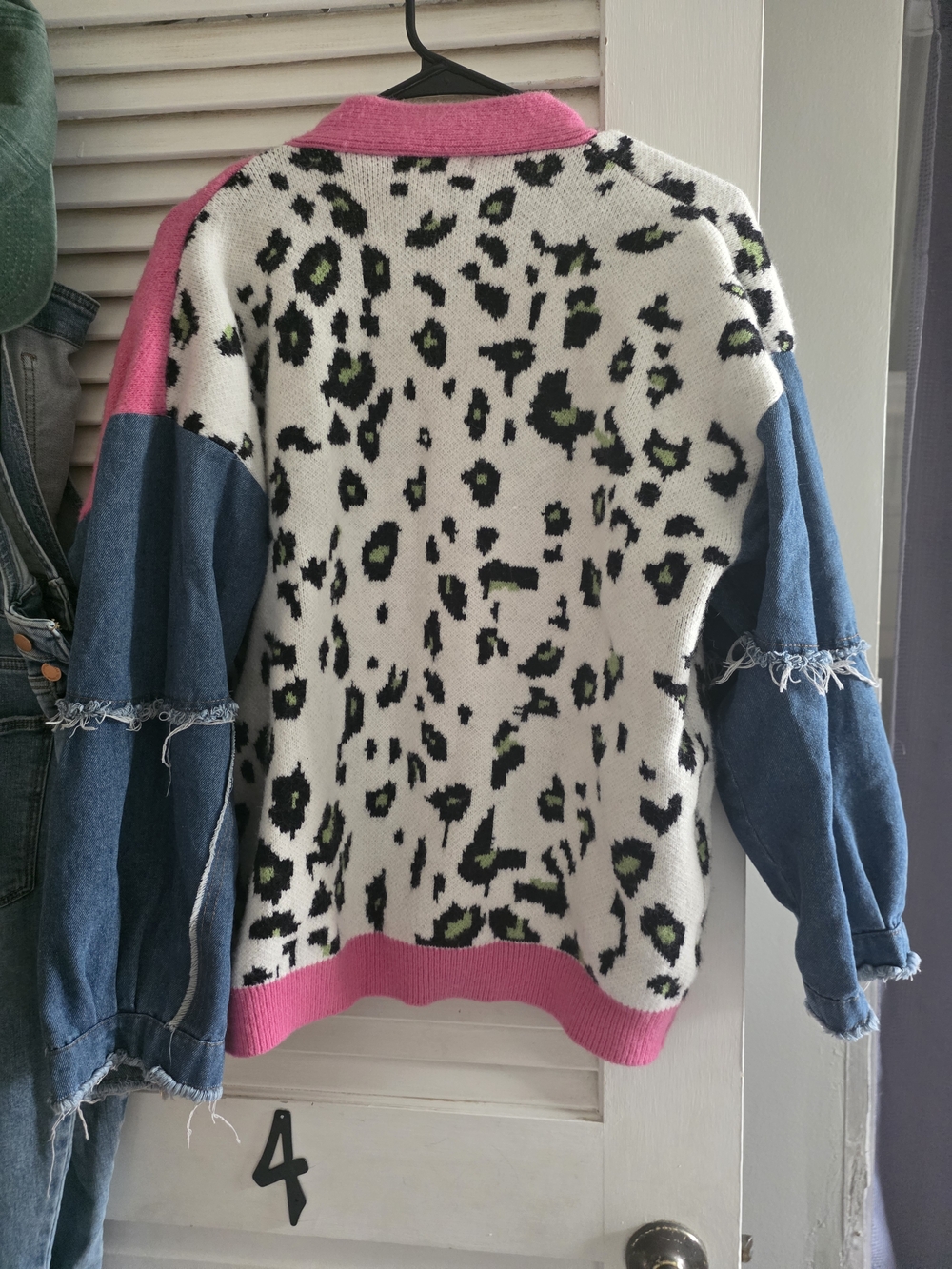 JASCIS Colorblock Leopard Patchwork Cardigan - Pink/White/Denim - Picture 3 of 16